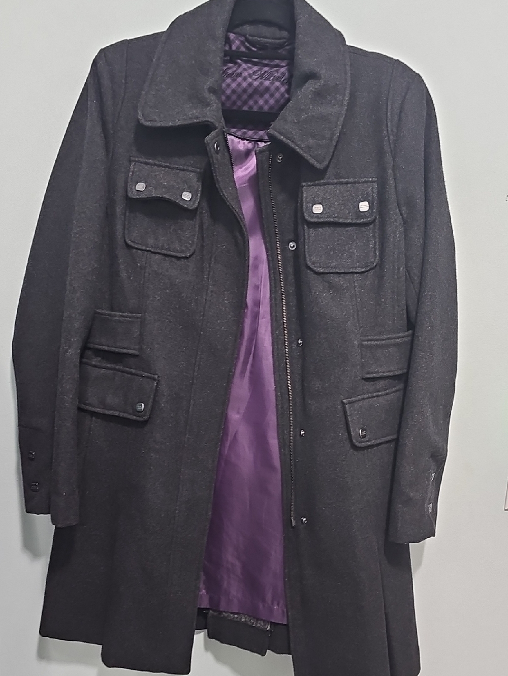 Women' Steve Madden Large Gray Wool-Blend Coat w/ Purple Lining New Without Tags